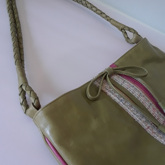 Vintage Y2K Genuine Leather Boho Green and Pink Tassel Handbag - Picture 5 of 7